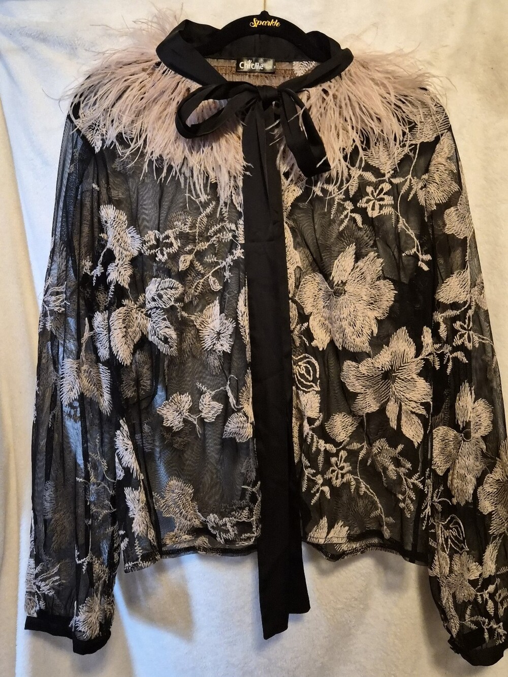 Chic Me blouse black sheer mesh pink beige floral embroidery Feathers XL